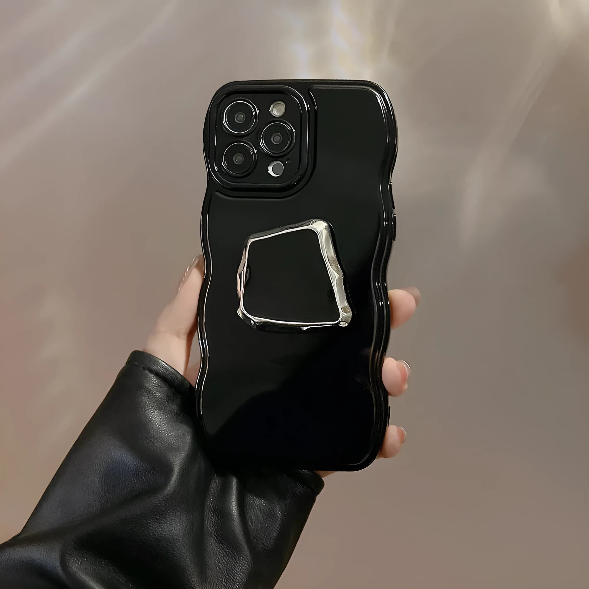 Black metallic TPU phone case with dark bracket and wave pattern for Apple iPhone
