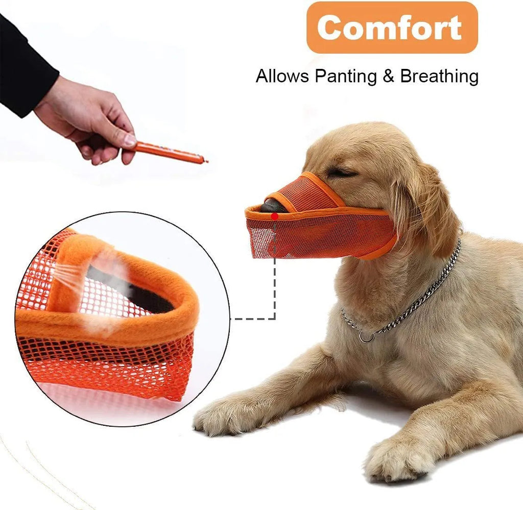 Breathable mesh dog muzzle in black with adjustable fit, showing front view on a neutral background