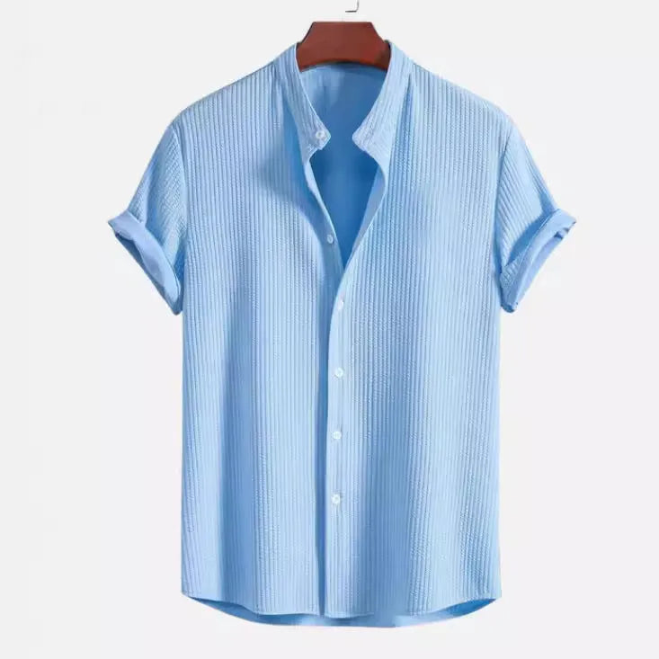 Men's loose-fitting short sleeve casual shirt in polyester, shown in a selection of available colours.