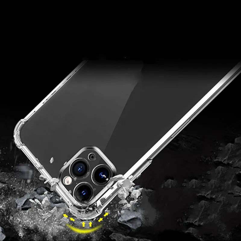 Thickened transparent TPU iPhone case with four-corner airbag protection shown on iPhone