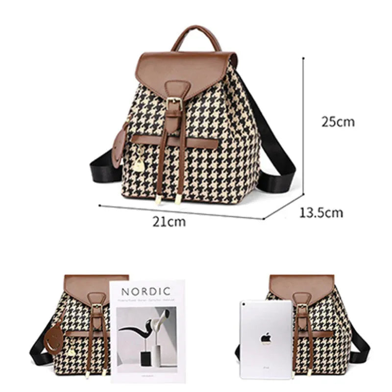 Houndstooth women's medium backpack Ostrich with Khaki contrast colour PU cover opening with car stitching