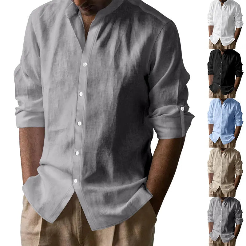 Men's cotton blend long sleeve stand collar shirt in solid colour, slim fit, shown in Khaki