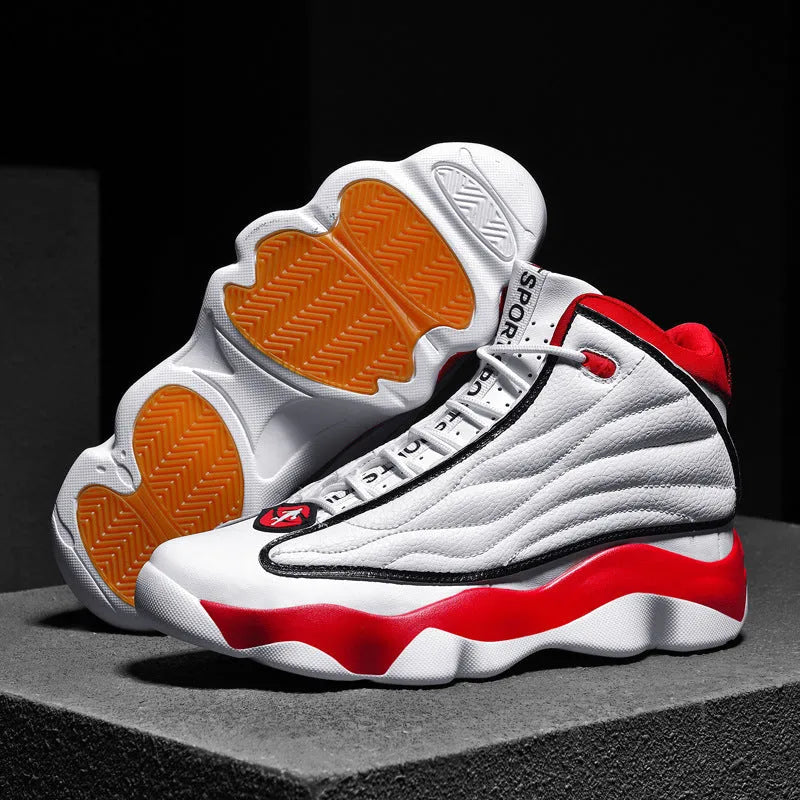 Men's high-top lace-up basketball shoes in AJ13 colourways with mesh upper and rubber sole.