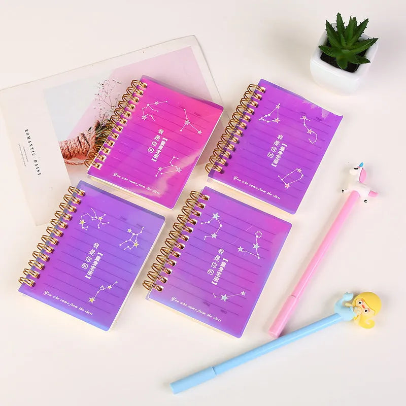 A7 spiral notebook with colourful PP cover, showing spiral binding and open pages