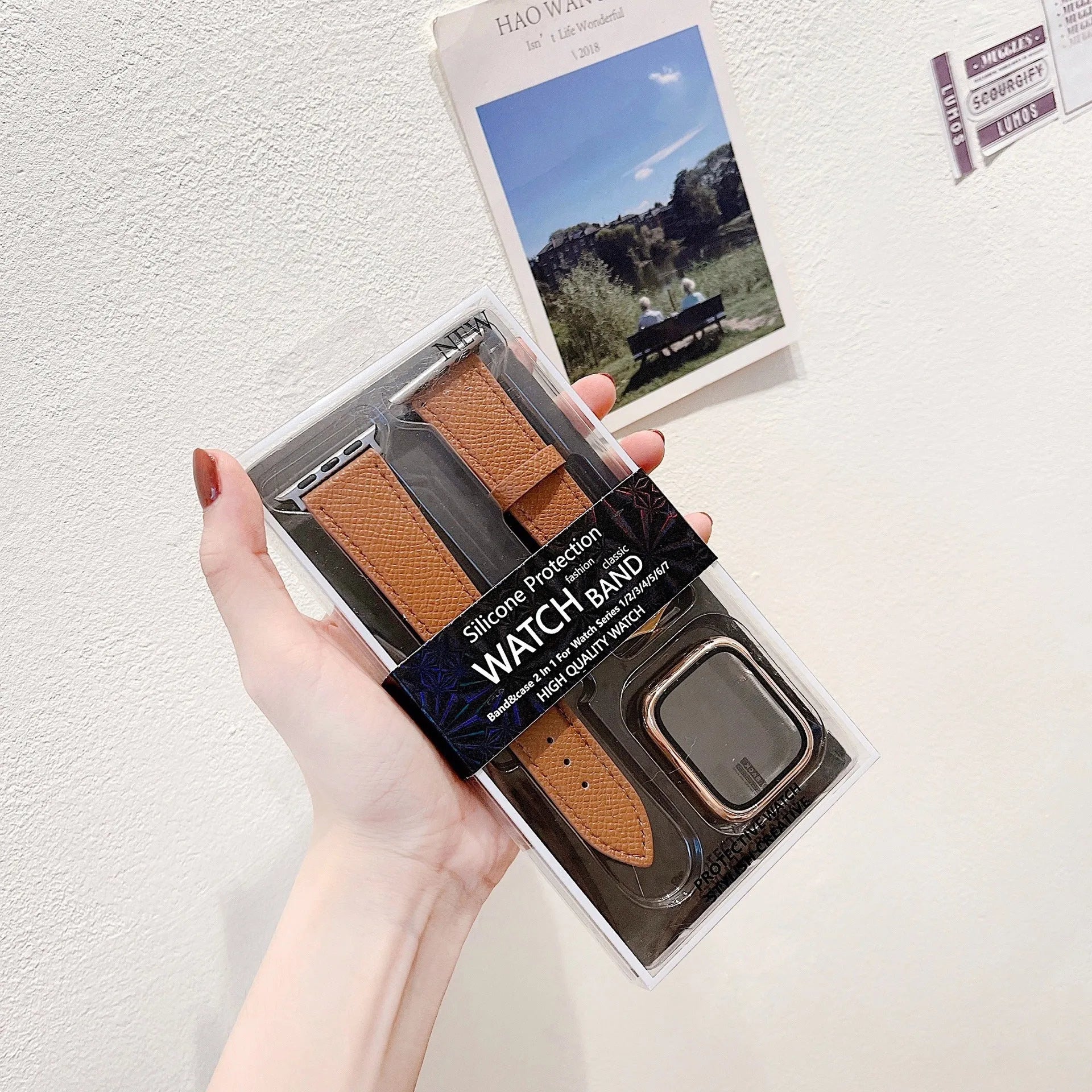 Genuine leather watch strap with triangle buckle for iWatch in brown