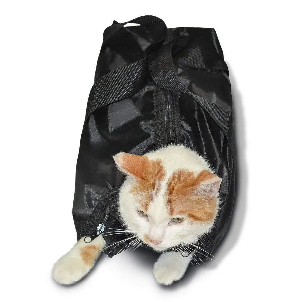 Black cat medicine feeding and bath bag with 420D PU Oxford fabric measuring 28cm long