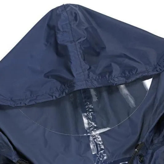 Navy blue waterproof reflective wheelchair raincoat with hat brim, free size cape style
