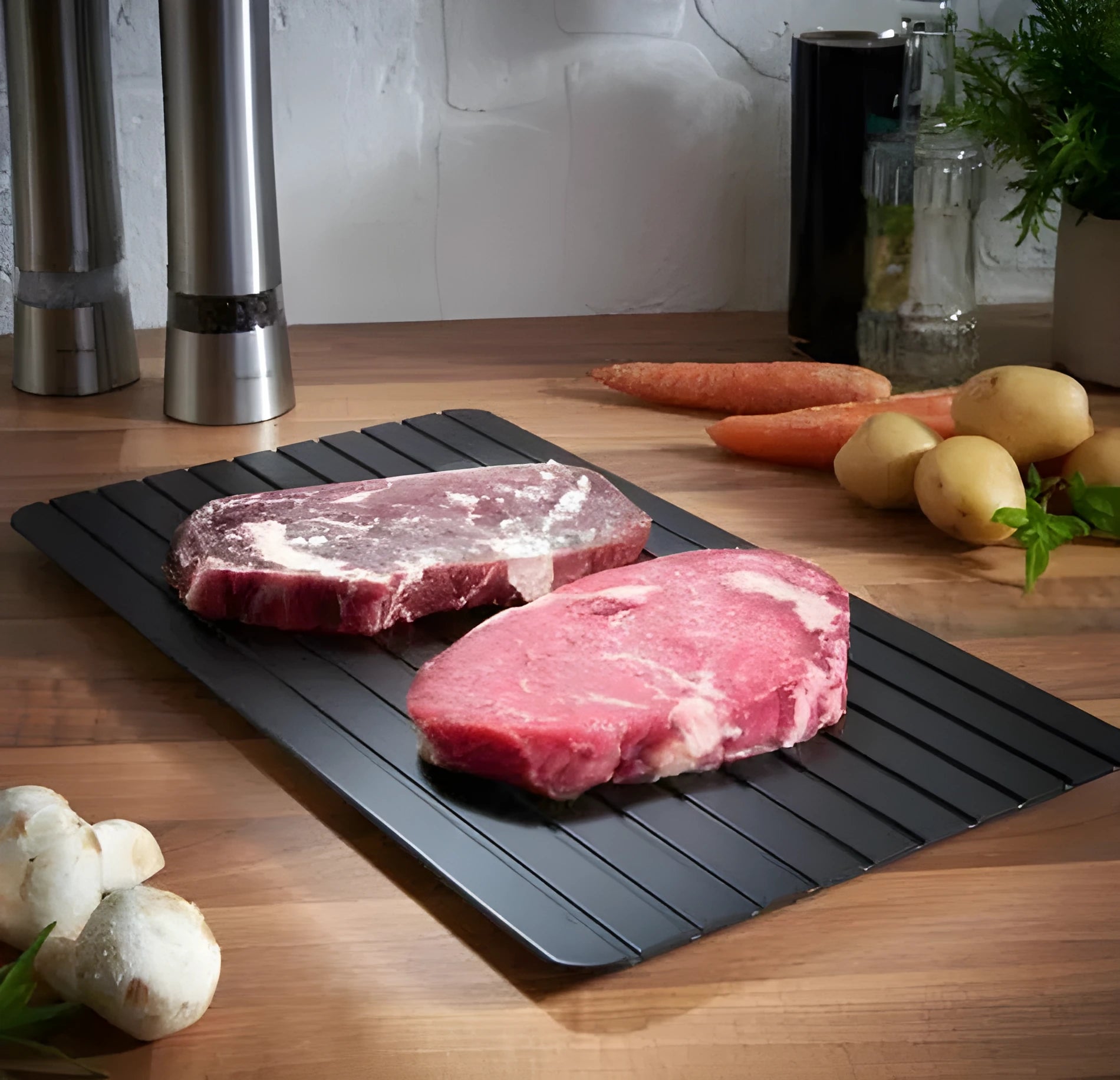 Black aluminium defrosting tray for thawing frozen meat without microwave