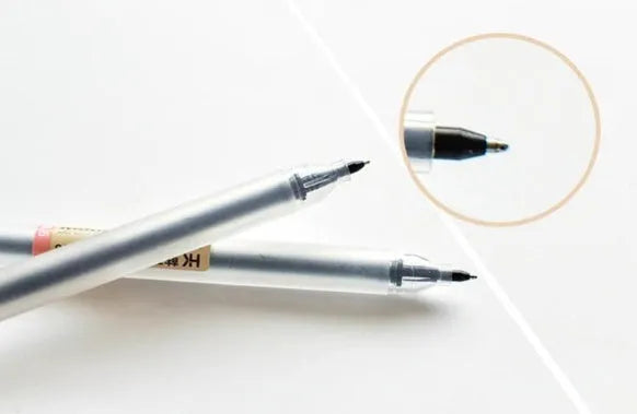 Box of twelve black Muji gel pens with 0.5mm nibs, showcasing leak-prevention design.