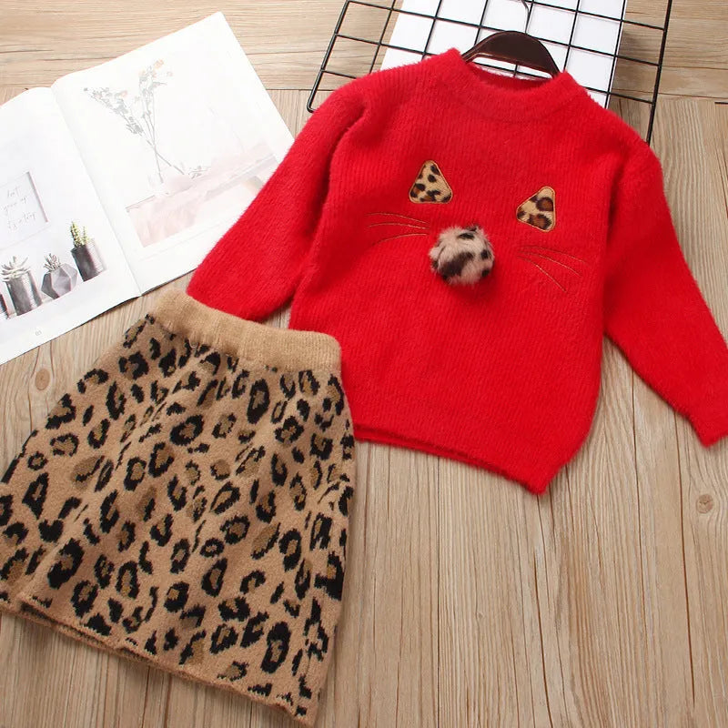 Children's knitted sweater suit for girls, long sleeve skirt set, beige with leopard print, soft fabric autumn winter 90-130cm