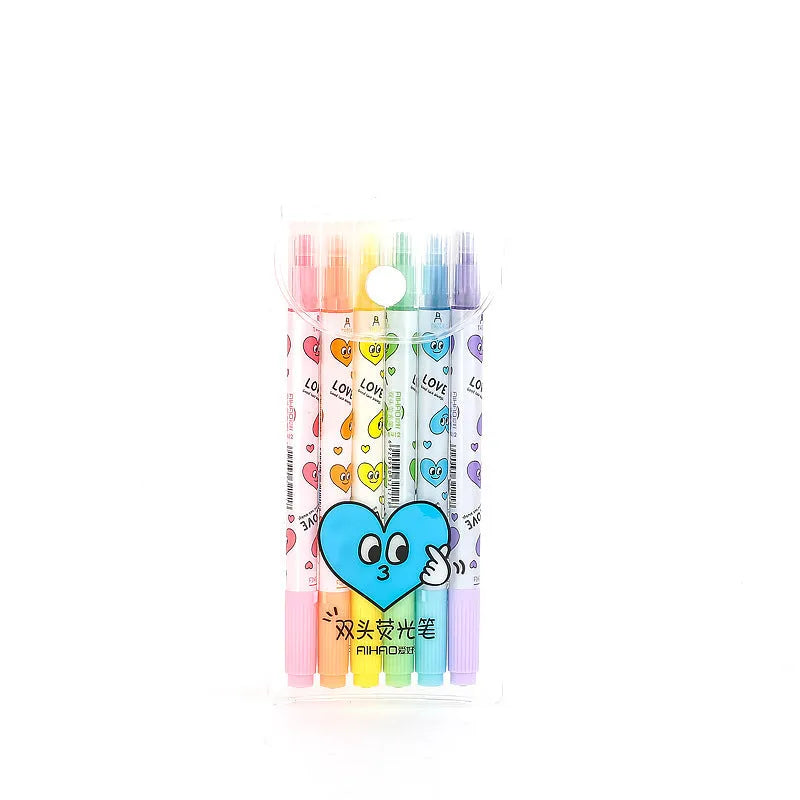 Six double-headed highlighters showing pink, orange, yellow, green, blue, and purple tips, with 15cm body and plug-in design.