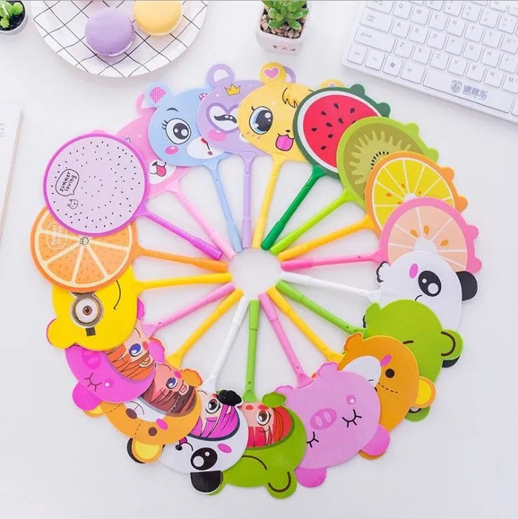 Fan-shaped promotional ballpoint pen with character designs including animals, flowers and fruit patterns