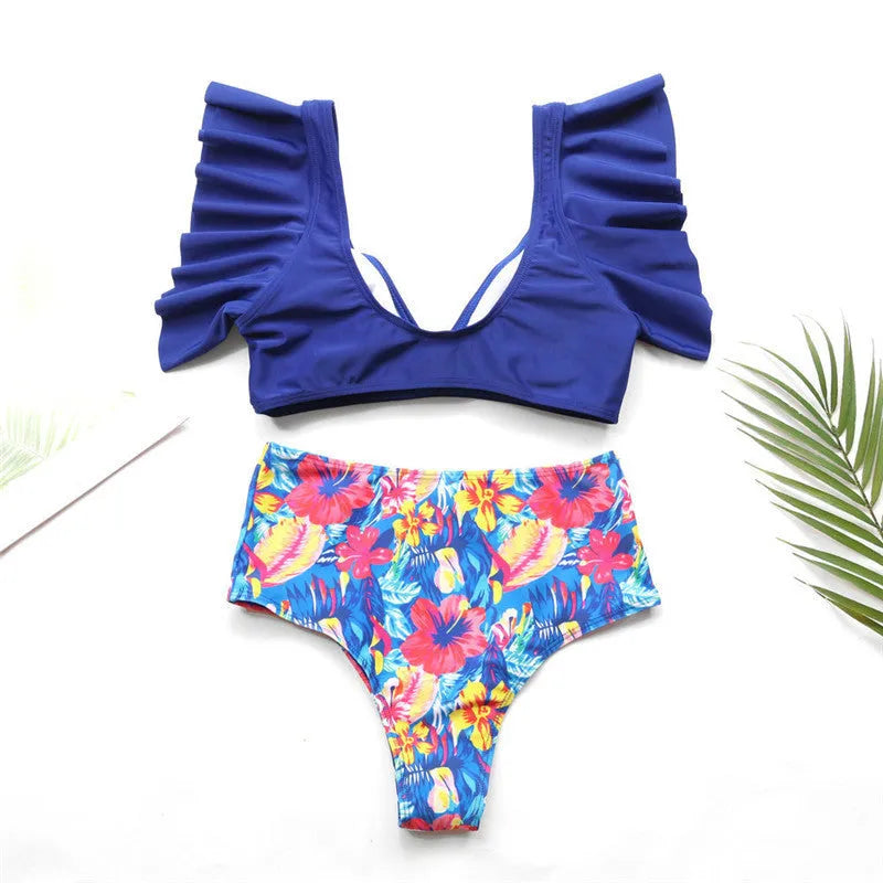 Women's two-piece polyester swimsuit in blue, with front view on model