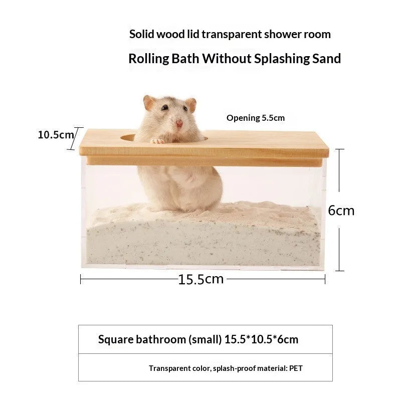 Transparent PET hamster sandbox with solid pine wood cover in rectangle shape for small pet cage toilet use