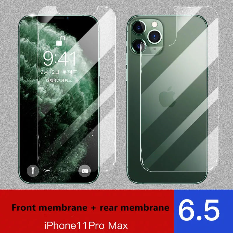 iPhone 11 Pro Max tempered glass screen protector with rear film and front film options.