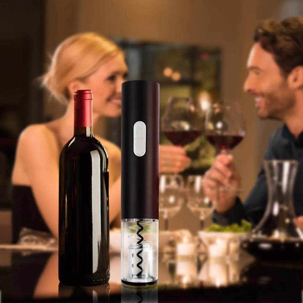Automatic electric wine bottle opener with foil cutter in black, red, or white colours showing ABS plastic body and transparent window