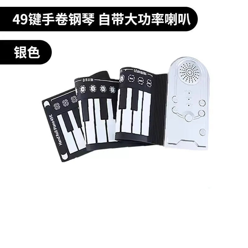 Rolled-up silicone keyboard next to its ABS control panel, packed inside a 28cm black carry case.