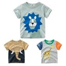 Boys' short sleeve cotton T-shirt with a printed green lion cartoon graphic.