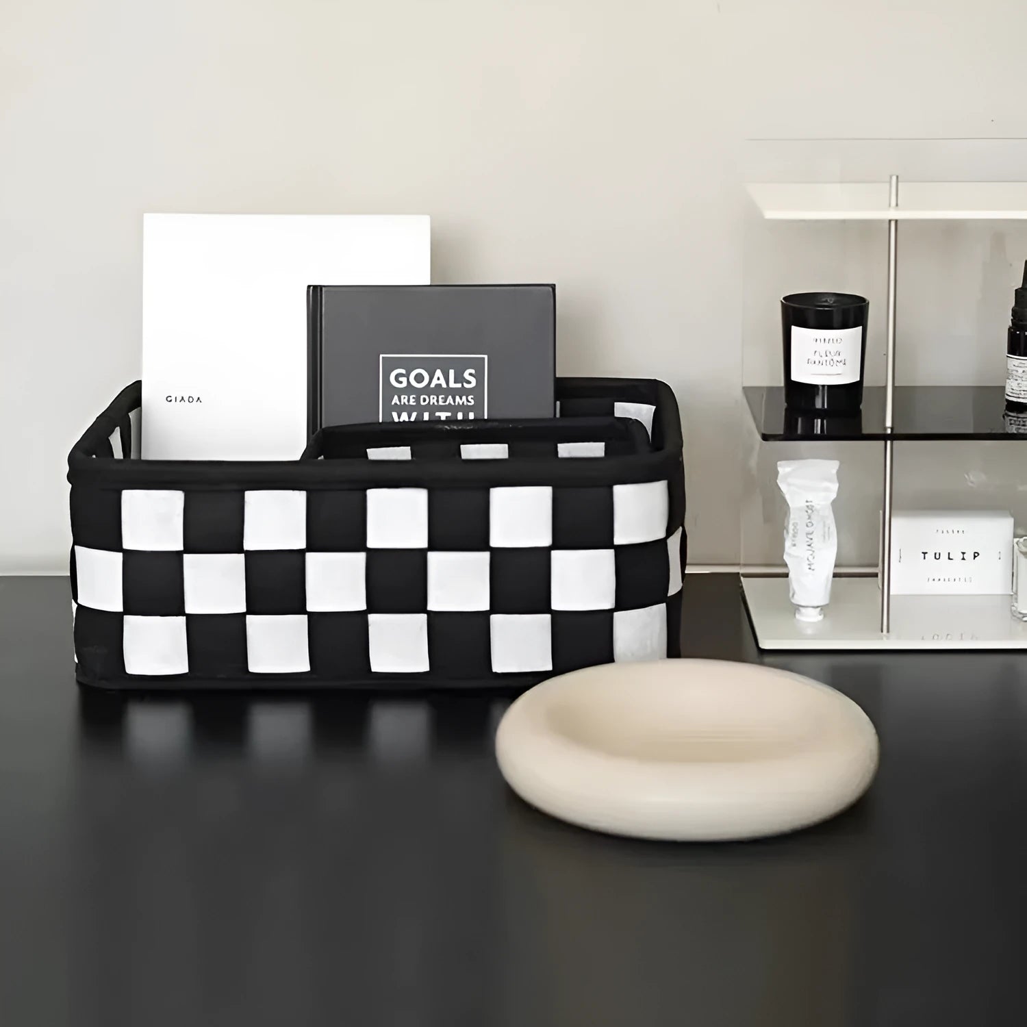 Grey checkerboard woven felt storage basket with folding design