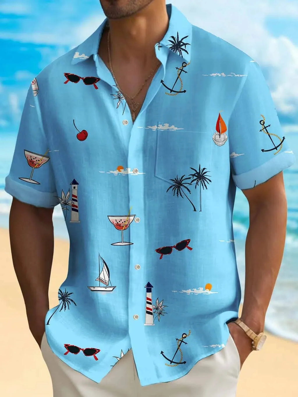 Man wearing a colourful loose-fit Hawaiian print short sleeve shirt.