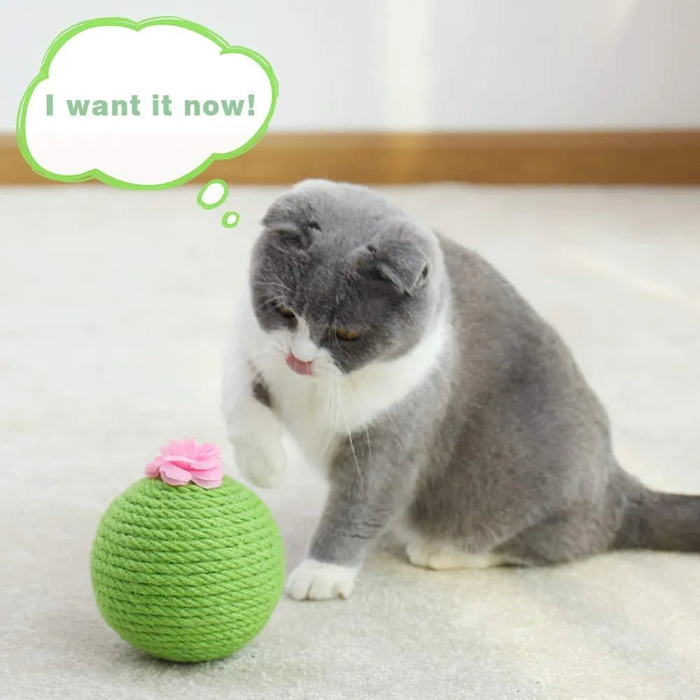 Green cactus-shaped cat tumbler scratcher with sisal ball on a tree tower