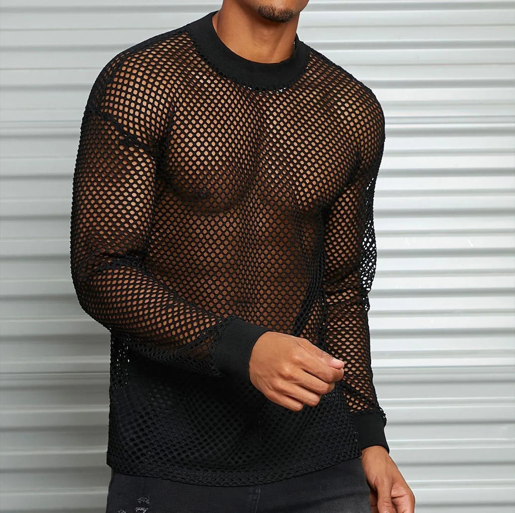 Black men's drop shoulder mesh shirt with long sleeves and loose fit casual design