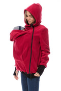 Red loose-fit polar fleece women's sweater with long sleeves on a hanger.