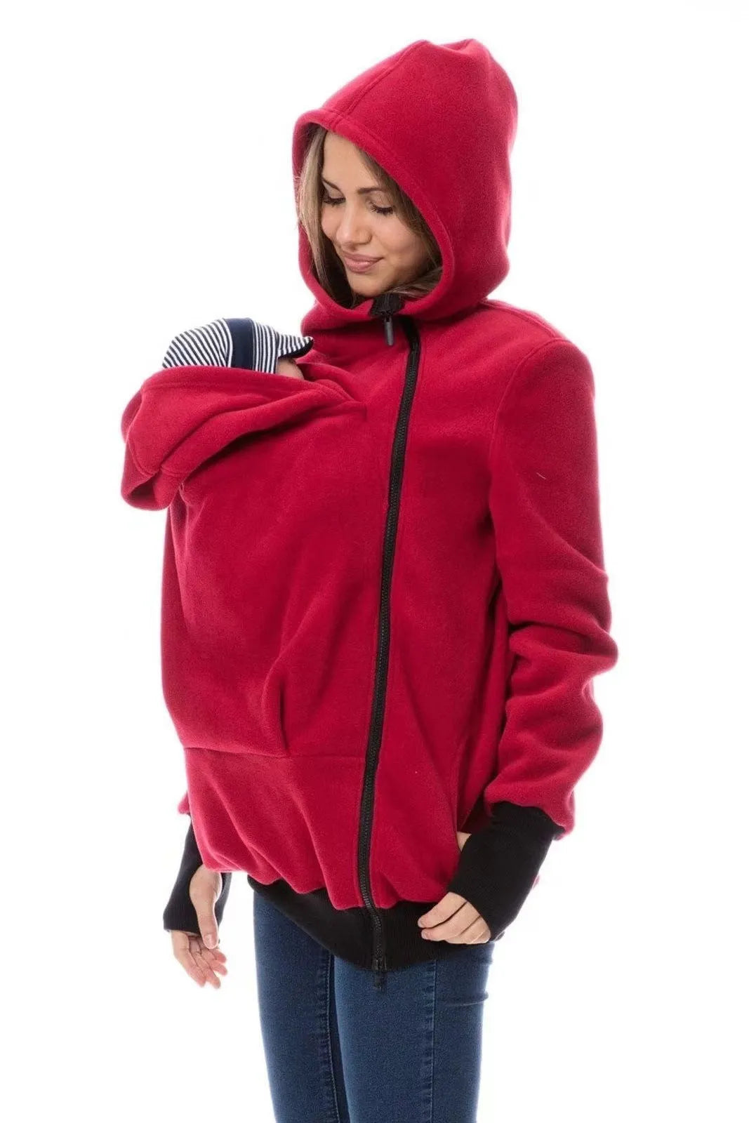 Red loose-fit polar fleece women's sweater with long sleeves on a hanger.