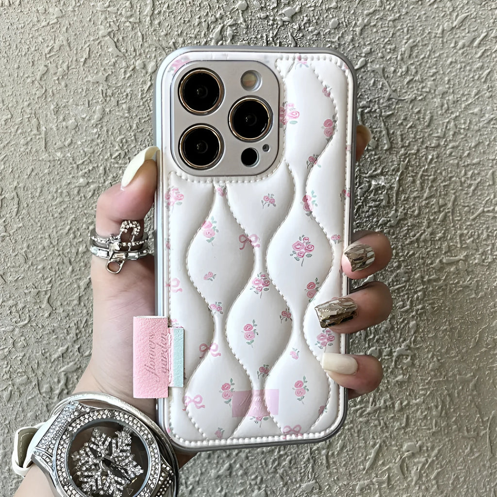 Creative down jacket small floral embossed leather phone case for iPhone