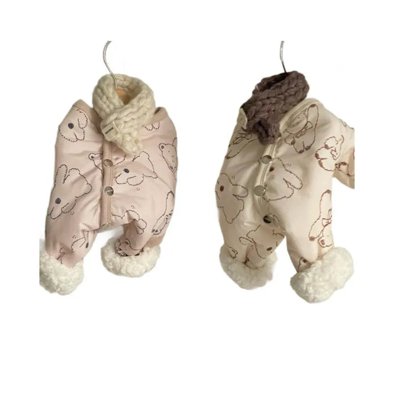 Cute bear print pet winter jumpsuit with knitted scarf on a small dog, padded onesie with fleece cuffs for cold weather