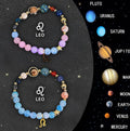Two adjustable beaded bracelets with 12mm natural stone zodiac charms on a waxed nylon cord.