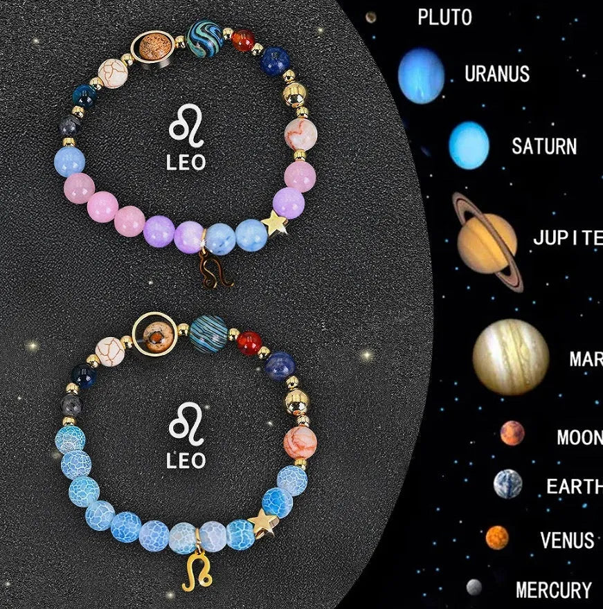 Two adjustable beaded bracelets with 12mm natural stone zodiac charms on a waxed nylon cord.