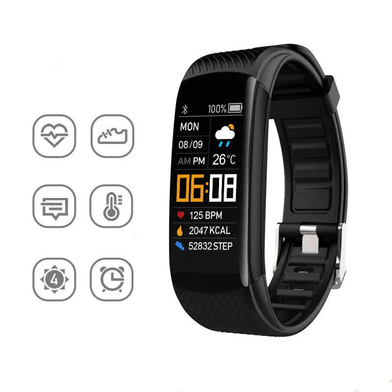C5S model black waterproof smart fitness bracelet with 0.96-inch screen on a wrist.