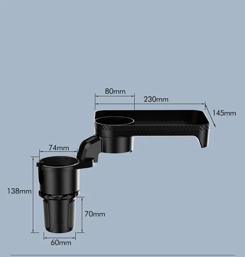 A black ABS plastic car-mounted rotating dinner tray holder inserted into a vehicle cup holder.