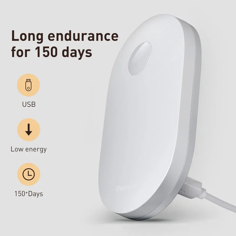 White magnetic human induction night light showing back lighting ring and compact 108x60x22mm size.