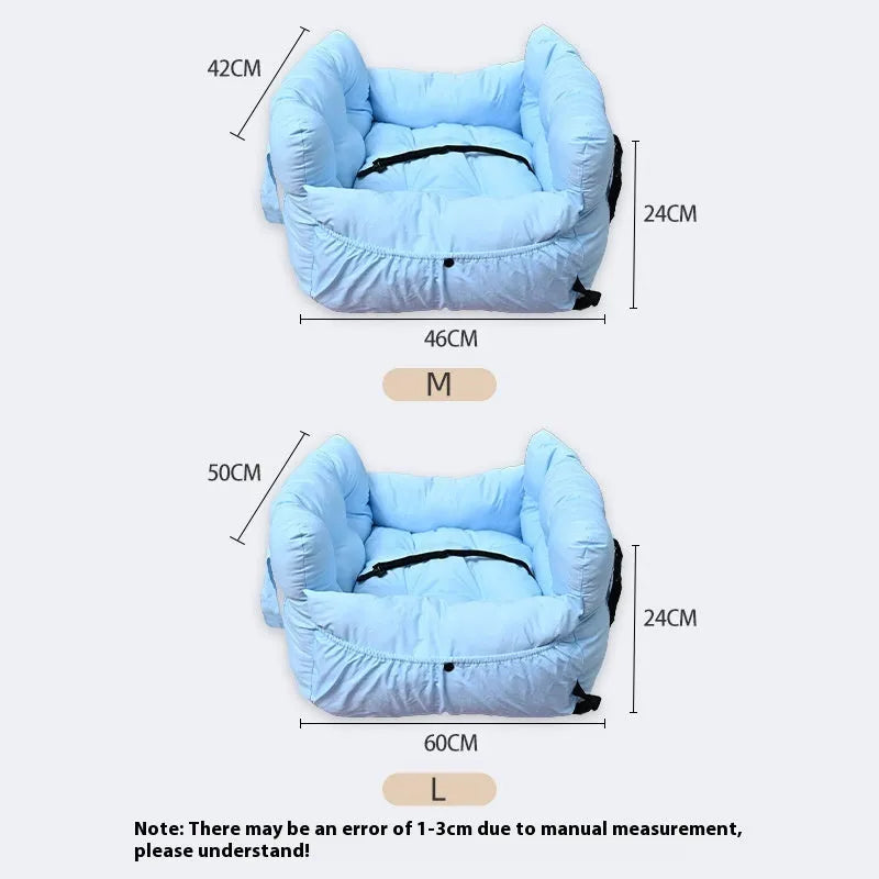 Portable cloth dog car kennel with net pockets shown in light blue, army green, striped, and dark blue colour options.