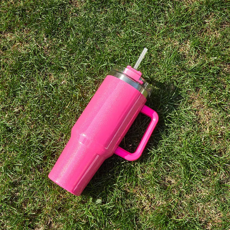 Large stainless steel vacuum insulation cup in a rainbow purple colour gradient.
