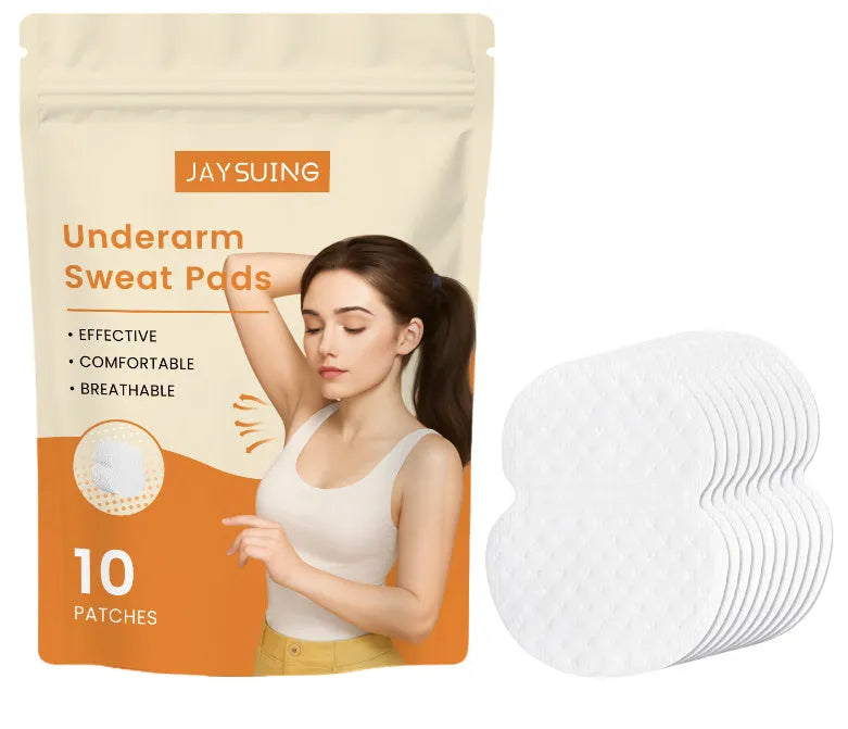 Pack of 10 reusable adhesive underarm sweat absorbing patches.