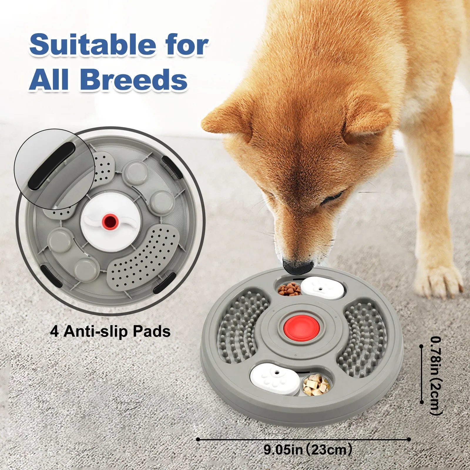 Blue and grey plastic slow feeder bowl for pets with anti-slip base and textured feeding surface.