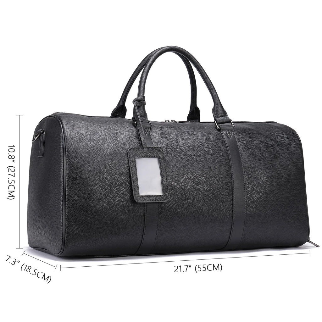 Men's black leather excursion tote bag with single shoulder strap showing 44cm and 55cm size options