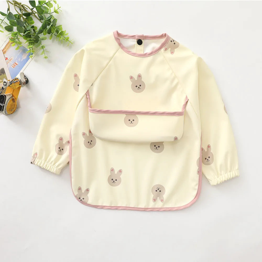 Children's long-sleeved PU upper pocket bib with cartoon pattern, pink dot colour, size S