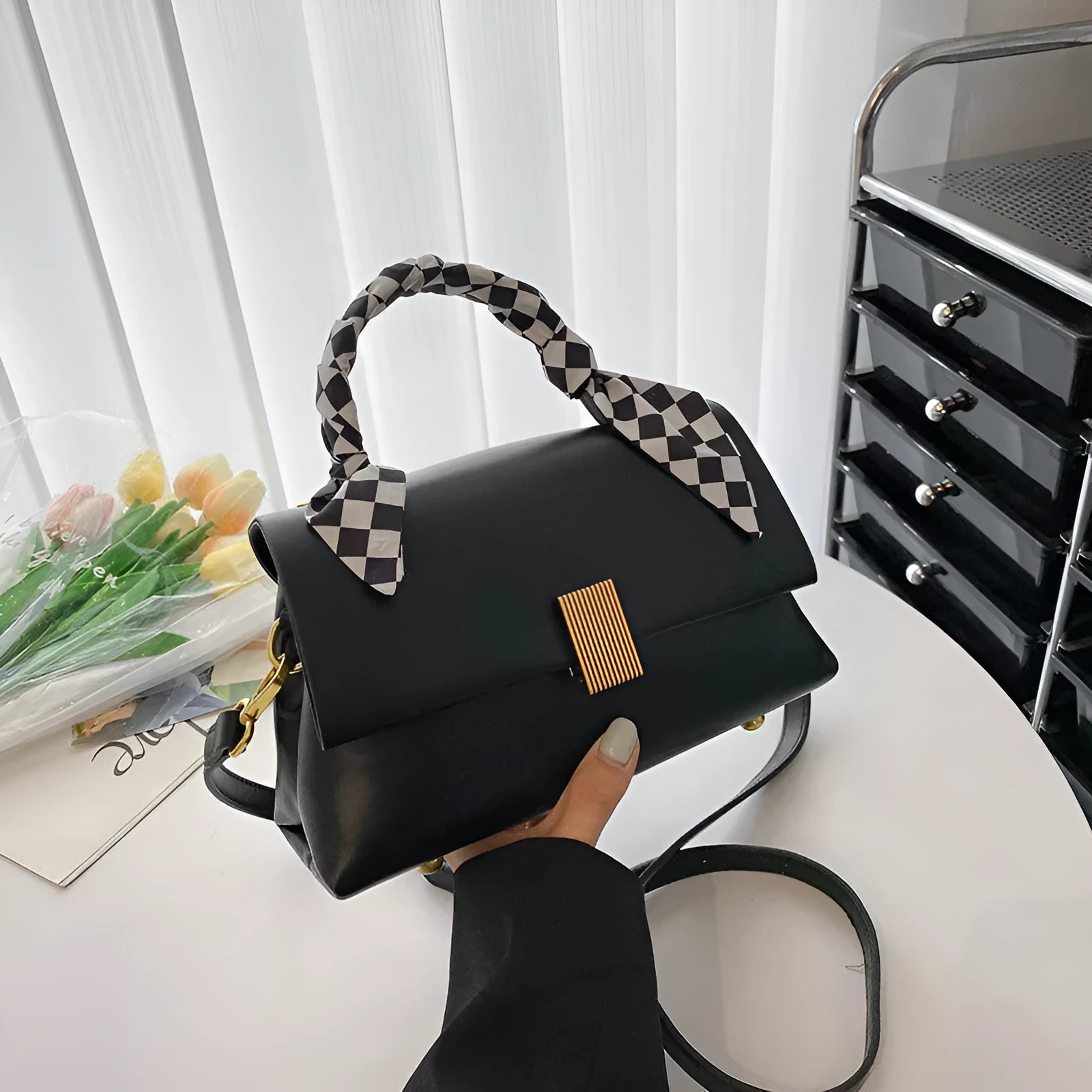 PU leather commuter shoulder handbag in horizontal square shape with organisers