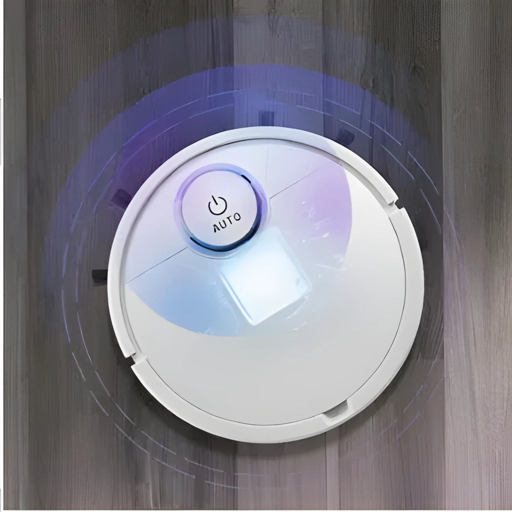 Automatic sweeping robot with 28cm diameter on a hardwood floor.