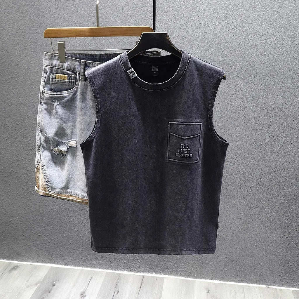 Men's solid colour loose fit cotton sleeveless t-shirt on hanger, black and white options.