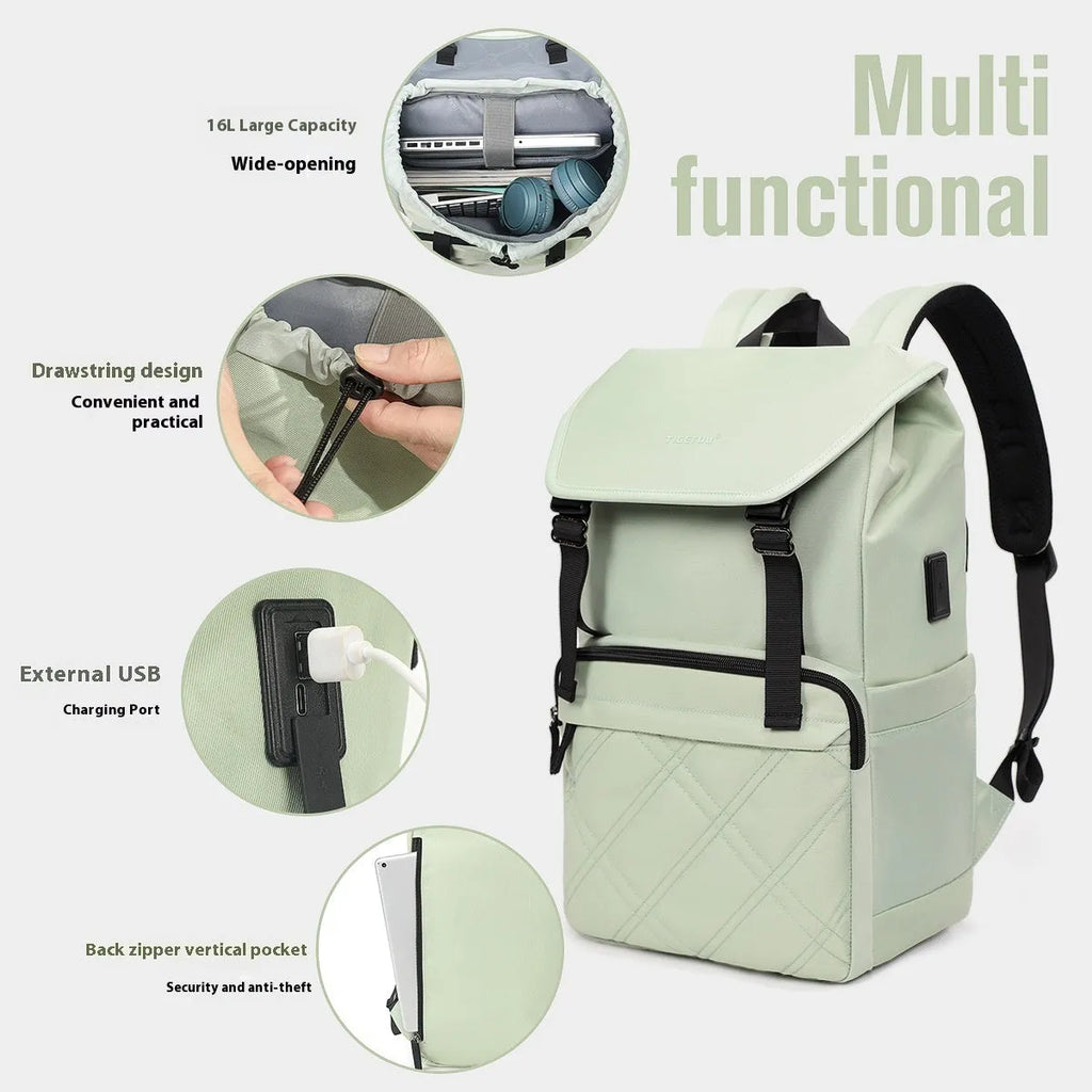 15.6 inch nylon school backpack in light green colour showing laptop compartment and three-dimensional pockets