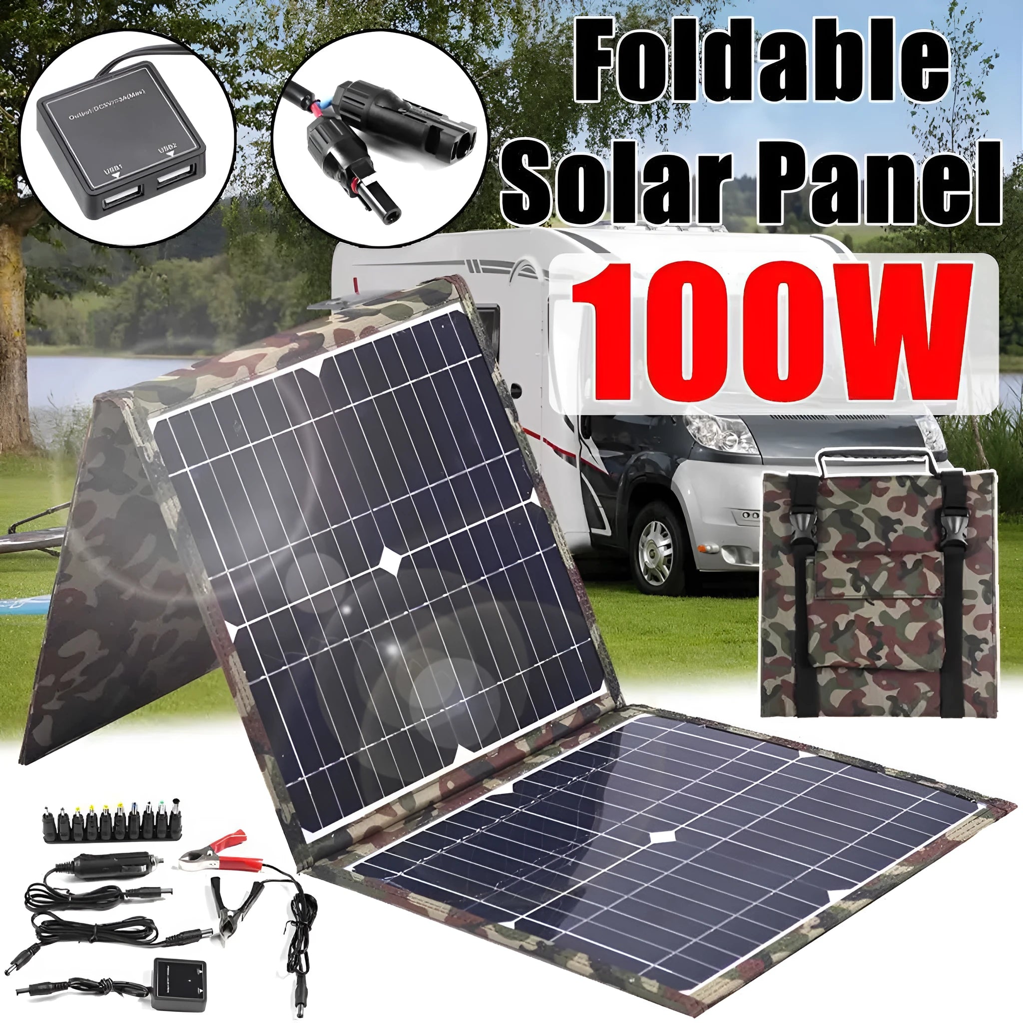 Black foldable 36W portable solar panel unfolded, showing three solar cells and included charging accessories.