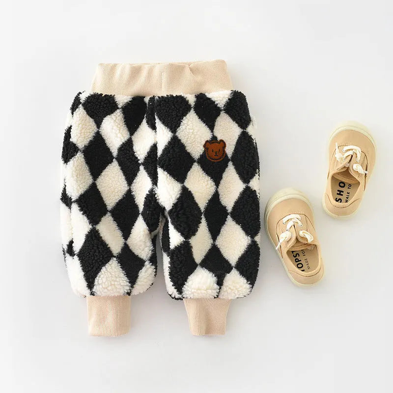 Baby fleece cotton soft-treatment unisex sweatpants in beige, brown, black plaid, and khaki plaid, sizes 80-120cm