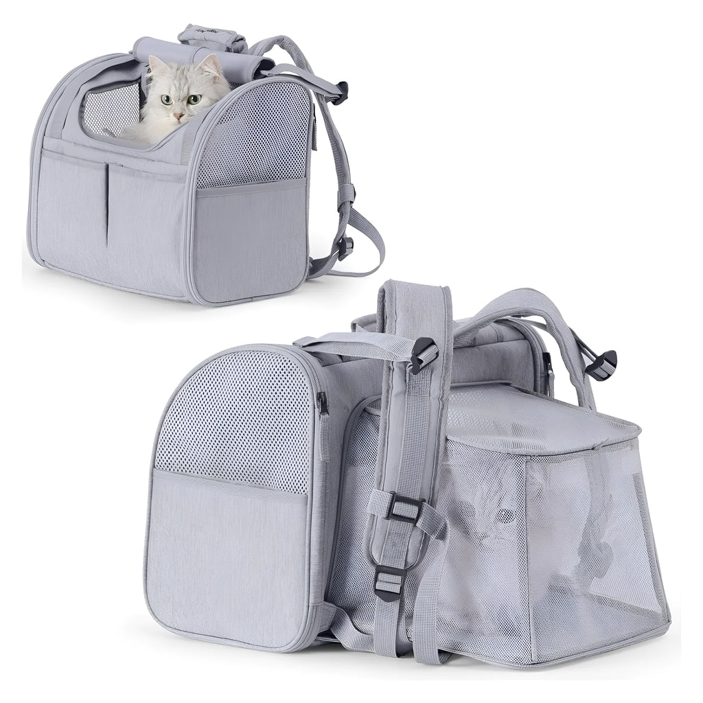 Expandable breathable outdoor cat backpack in gray Oxford fabric with 55L capacity
