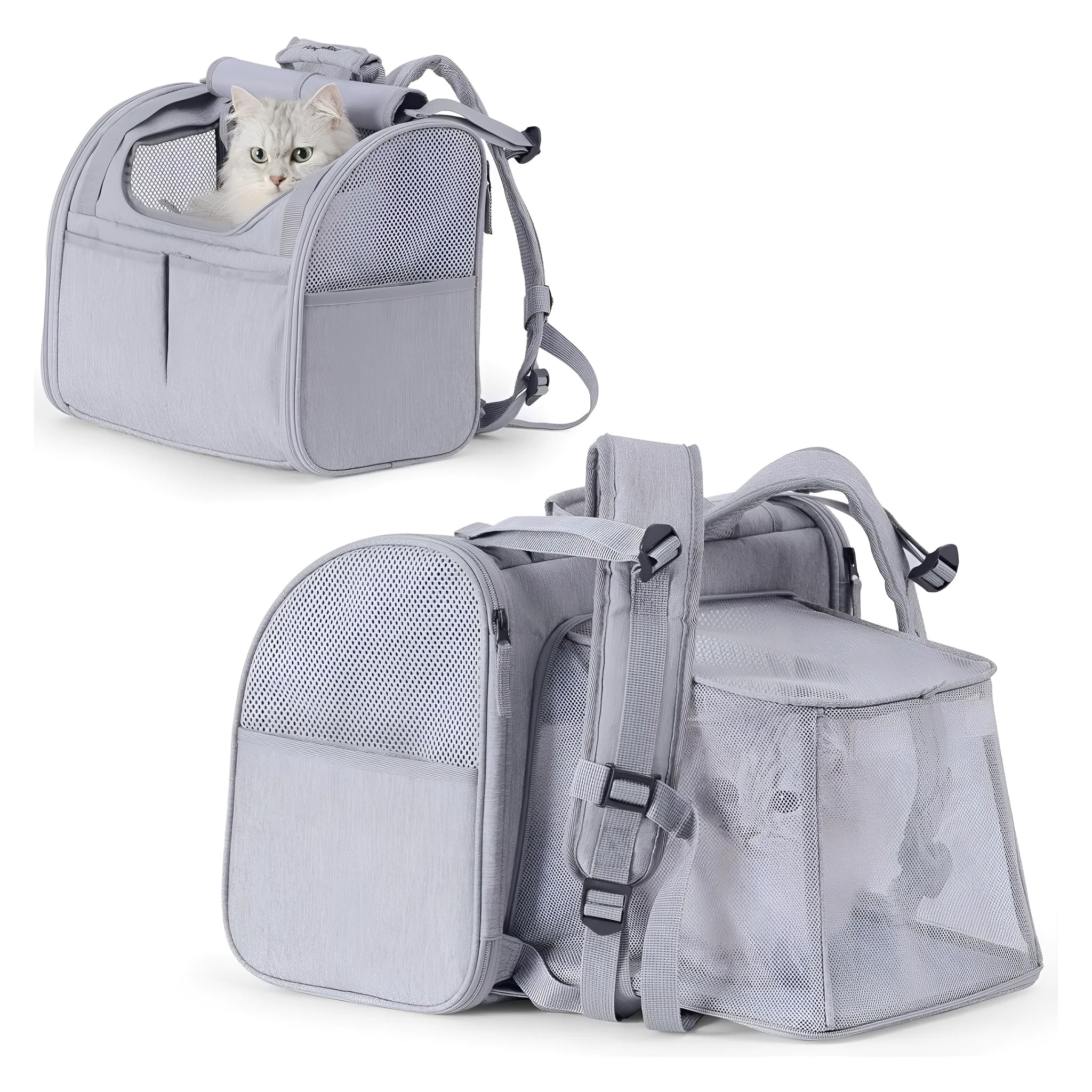 Expandable breathable outdoor cat backpack in gray Oxford fabric with 55L capacity