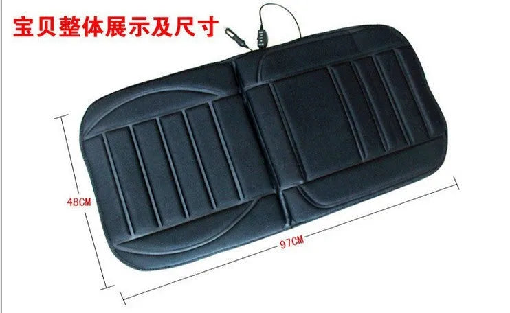 Black car heating cushion with elastic straps on a car seat, 12V plug and temperature control switch visible